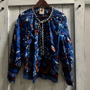 Farm Rio Anika blue tassels winter Blouse Top Shirt Kaftan Black Small Medium